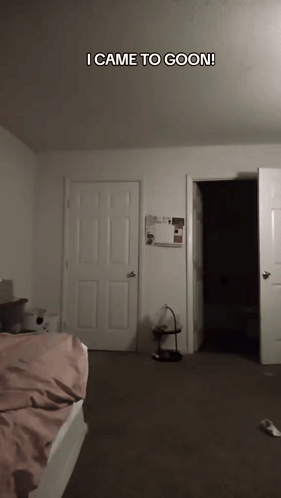 A Bedroom With The Words I Came To Goon Written On The Ceiling GIF