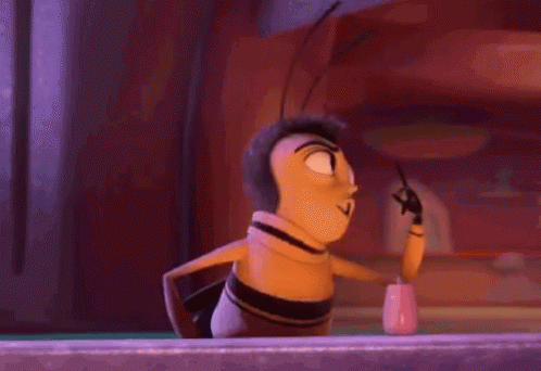A Bee From The Bee Movie Is Standing In Front Of A Window . GIF