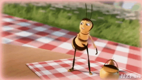 A Bee From The Movie Bee Movie Is Standing On A Checkered Picnic Blanket . GIF