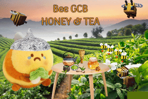 A Bee Holding A Leaf Sits At A Table In A Field With The Words Bee Gcb Honey & Tea GIF