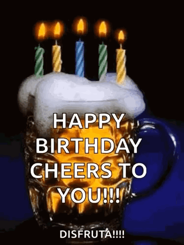 A Beer Mug With Candles On Top Of It And The Words `` Happy Birthday Cheers To You !! '' GIF