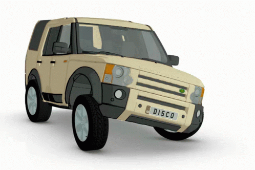 A Beige Land Rover With A License Plate That Reads Disco GIF