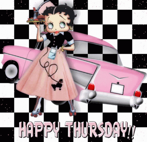 A Betty Boop Cartoon Says Happy Thursday In Front Of A Pink Car GIF