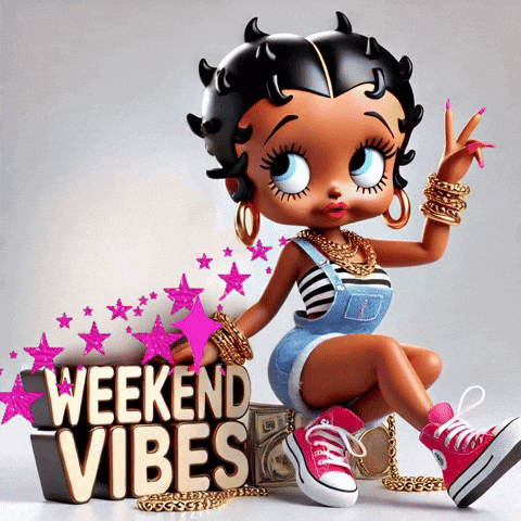 A Betty Boop Doll Is Sitting Next To A Sign That Says Weekend Vibes GIF