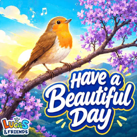 A Bird Perched On A Branch With Purple Flowers And The Words Have A Beautiful Day GIF