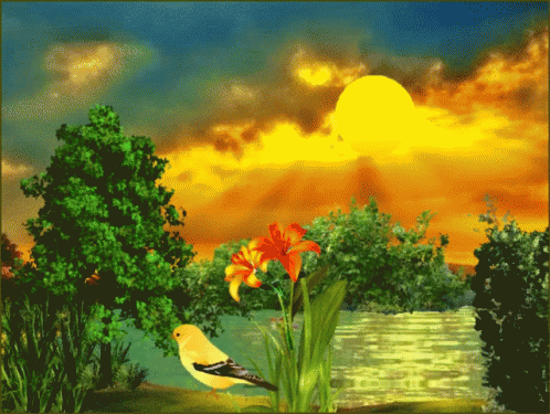 A Bird Sits Near A Flower In A Painting GIF