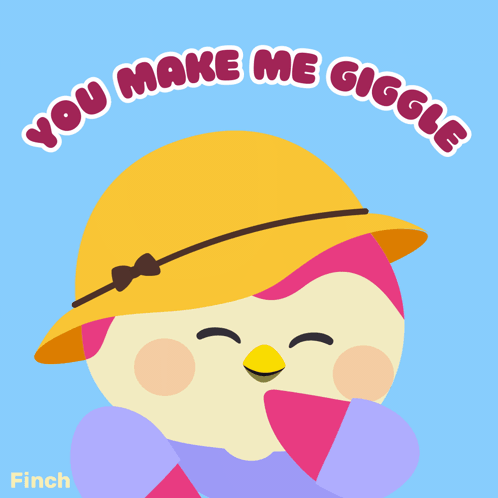 A Bird Wearing A Yellow Hat With The Words " You Make Me Giggle " Above It GIF