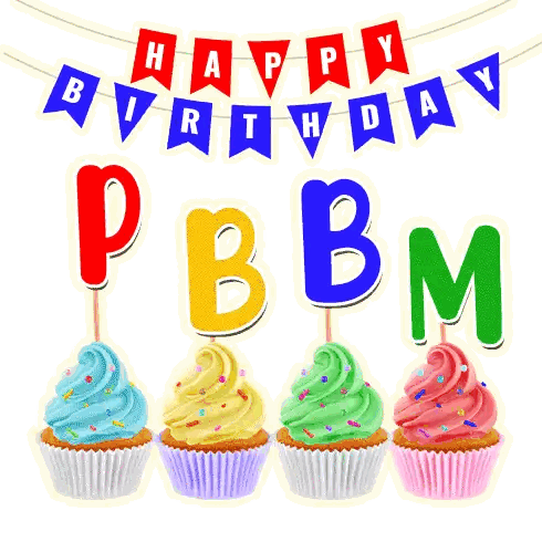 a birthday banner with cupcakes and the letters pbm