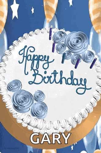 A Birthday Cake For Gary With Blue Frosting And Candles GIF