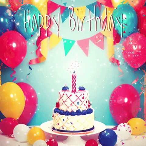 A Birthday Cake Is Surrounded By Balloons And A Banner That Says " Happy Birthday " GIF
