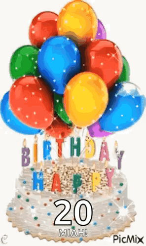 A Birthday Cake With A Bunch Of Balloons And Candles On It GIF