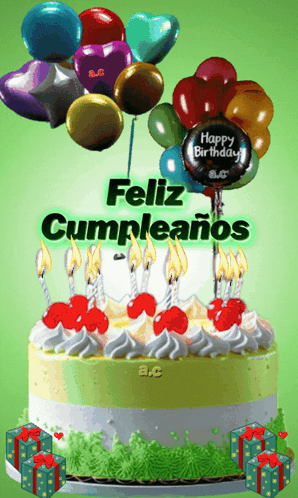 A Birthday Cake With A Bunch Of Balloons And The Words Feliz Cumpleanos On It GIF