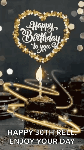 A Birthday Cake With A Candle On Top Of It And The Words `` Happy 30Th Rell Enjoy Your Day '' . GIF