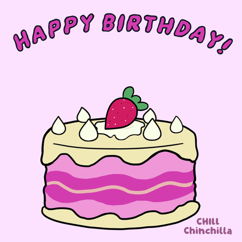 A Birthday Cake With A Strawberry On Top And The Words Happy Birthday On The Bottom GIF