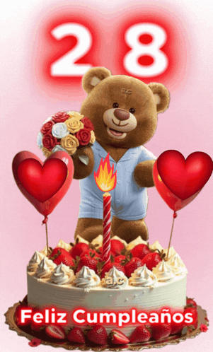 A Birthday Cake With A Teddy Bear Holding A Bouquet Of Flowers And A Candle GIF