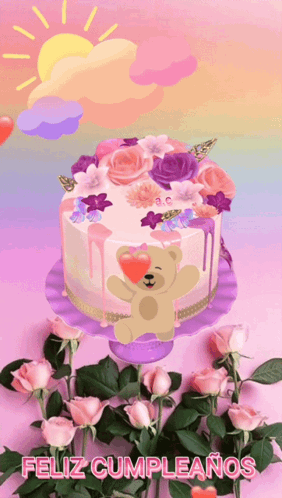 A Birthday Cake With A Teddy Bear Holding A Heart And The Words " Feliz Cumpleanos " Below It GIF