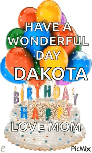 A Birthday Cake With Balloons And Candles On It . GIF