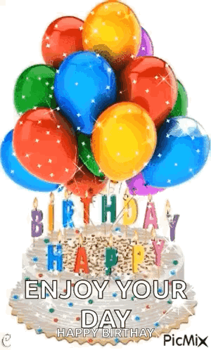 A Birthday Cake With Balloons And Candles On It And The Words `` Enjoy Your Day Happy Birthday '' . GIF