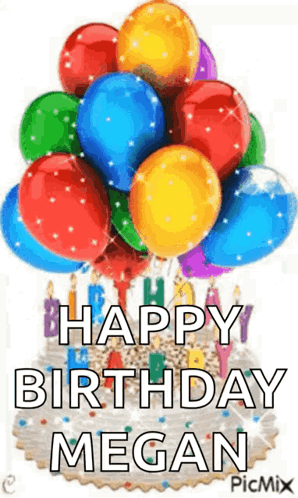A Birthday Cake With Balloons And Candles On It And The Words `` Happy Birthday Megan '' . GIF