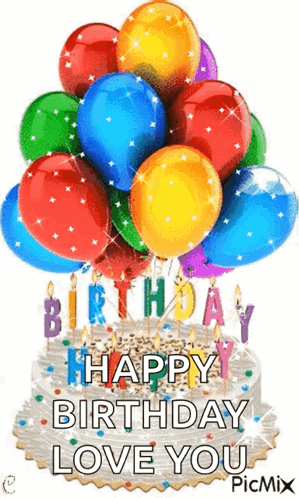 A Birthday Cake With Balloons And Candles Says Happy Birthday Love You GIF