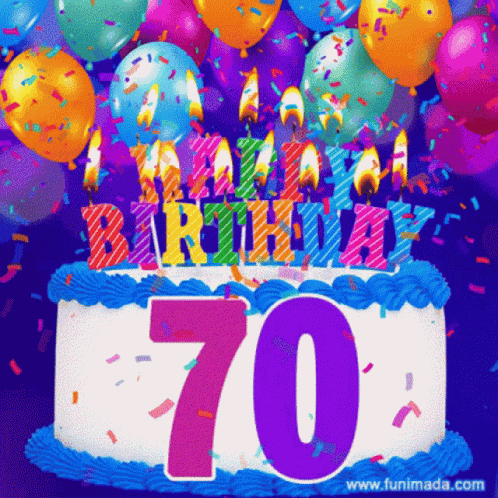 A Birthday Cake With Balloons And Confetti And The Number 70 On It GIF