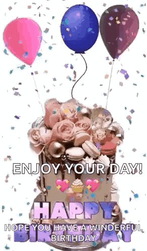 A Birthday Cake With Balloons And Confetti And The Words `` Enjoy Your Day ! '' GIF
