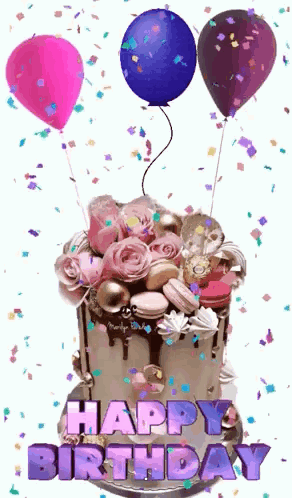 A Birthday Cake With Balloons And Confetti And The Words `` Happy Birthday '' On It . GIF