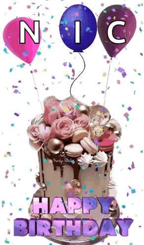 A Birthday Cake With Balloons And Confetti And The Words `` Happy Birthday '' Written On It GIF