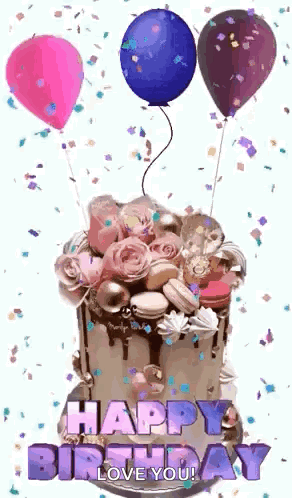 A Birthday Cake With Balloons And Confetti On It And The Words `` Happy Birthday Love You '' Written On It . GIF