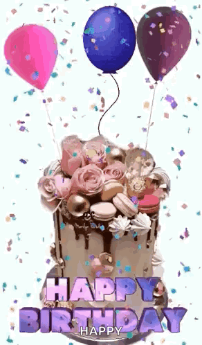 A Birthday Cake With Balloons And Confetti On It And The Words `` Happy Birthday '' Written On It . GIF