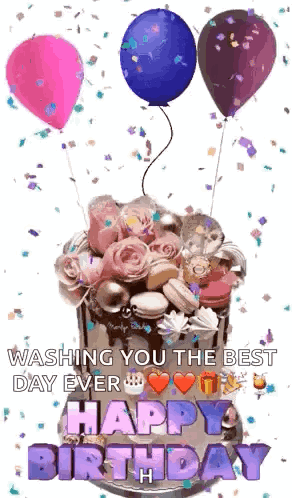 Birthday Cake With Balloons Confetti Happy Birthday GIF