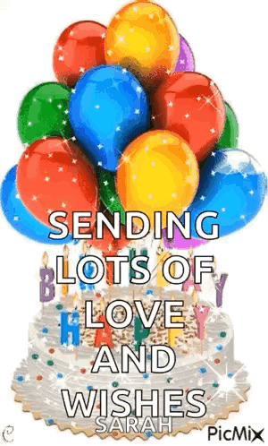 A Birthday Cake With Balloons On Top Of It And The Words `` Sending Lots Of Birthday Love And Wishes '' . GIF