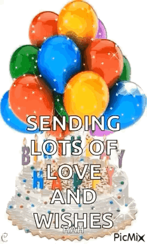 A Birthday Cake With Balloons On Top Of It And The Words `` Sending Lots Of Love And Wishes `` . GIF