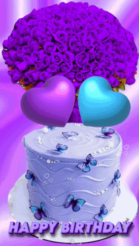 A Birthday Cake With Butterflies And Purple Roses On It GIF