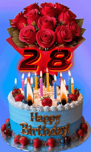 A Birthday Cake With Candles And A Bouquet Of Red Roses GIF