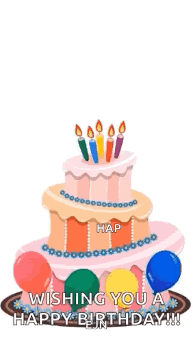 a birthday cake with candles and balloons and the words happy birthday