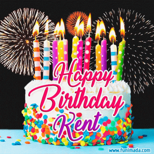 A Birthday Cake With Candles And Fireworks Behind It That Says Happy Birthday Rent GIF
