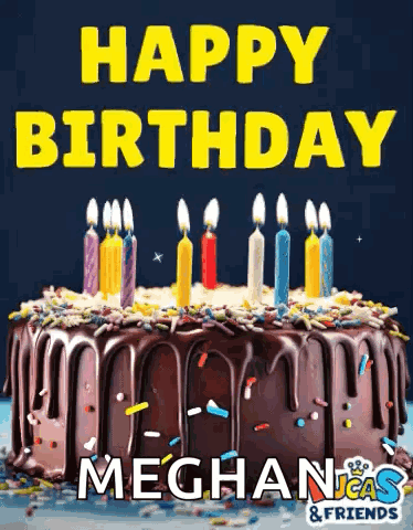 A Birthday Cake With Candles And Sprinkles And The Words `` Happy Birthday Meghan '' GIF