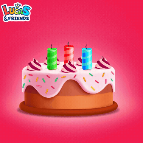A Birthday Cake With Candles And Sprinkles And The Words Happy Lucas & Friends GIF