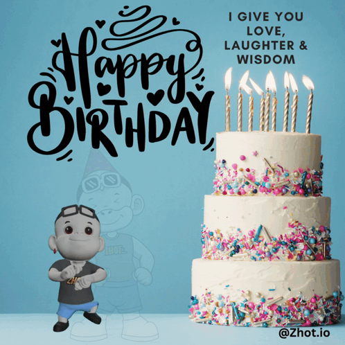 A Birthday Cake With Candles And Sprinkles And The Words " I Give You Love Laughter And Wisdom " On It GIF
