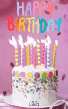 A Birthday Cake With Candles And Sprinkles On It And The Words `` Happy Birthday '' Written On It . GIF