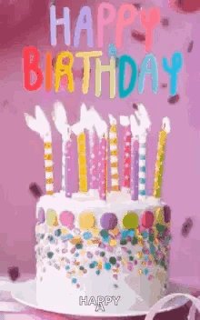 A Birthday Cake With Candles And Sprinkles On It Is On A Plate . GIF