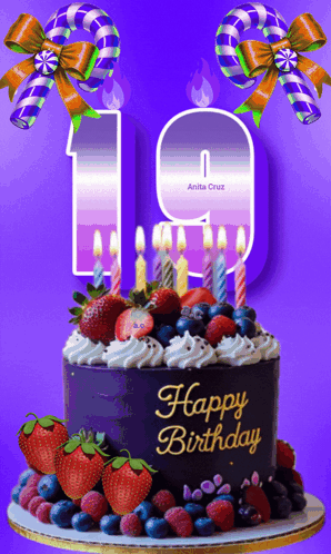 A Birthday Cake With Candles And The Number 19 On It GIF