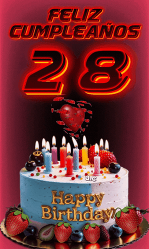 A Birthday Cake With Candles And The Number 28 On The Top GIF