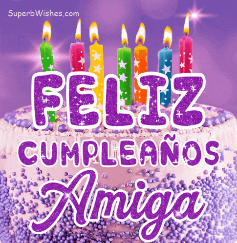 A Birthday Cake With Candles And The Words Feliz Cumpleanos Amiga GIF