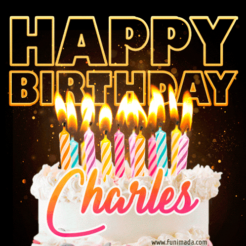 A Birthday Cake With Candles And The Words Happy Birthday Charles Above It GIF