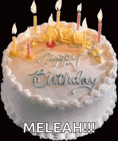 A Birthday Cake With Candles And The Words " Happy Birthday Meleah " On It GIF