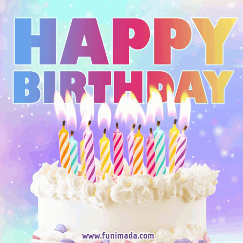 A Birthday Cake With Candles Lit Up And The Words Happy Birthday Above It GIF