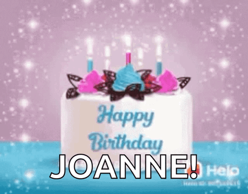 A Birthday Cake With Candles On It And The Name Joanne On It . GIF