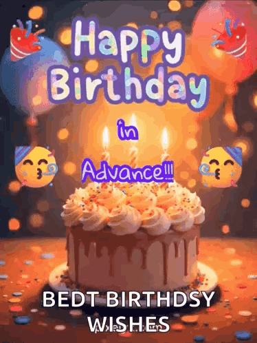 A Birthday Cake With Candles On It And The Words `` Happy Birthday In Advance !!! Best Birthday Wishes '' . GIF